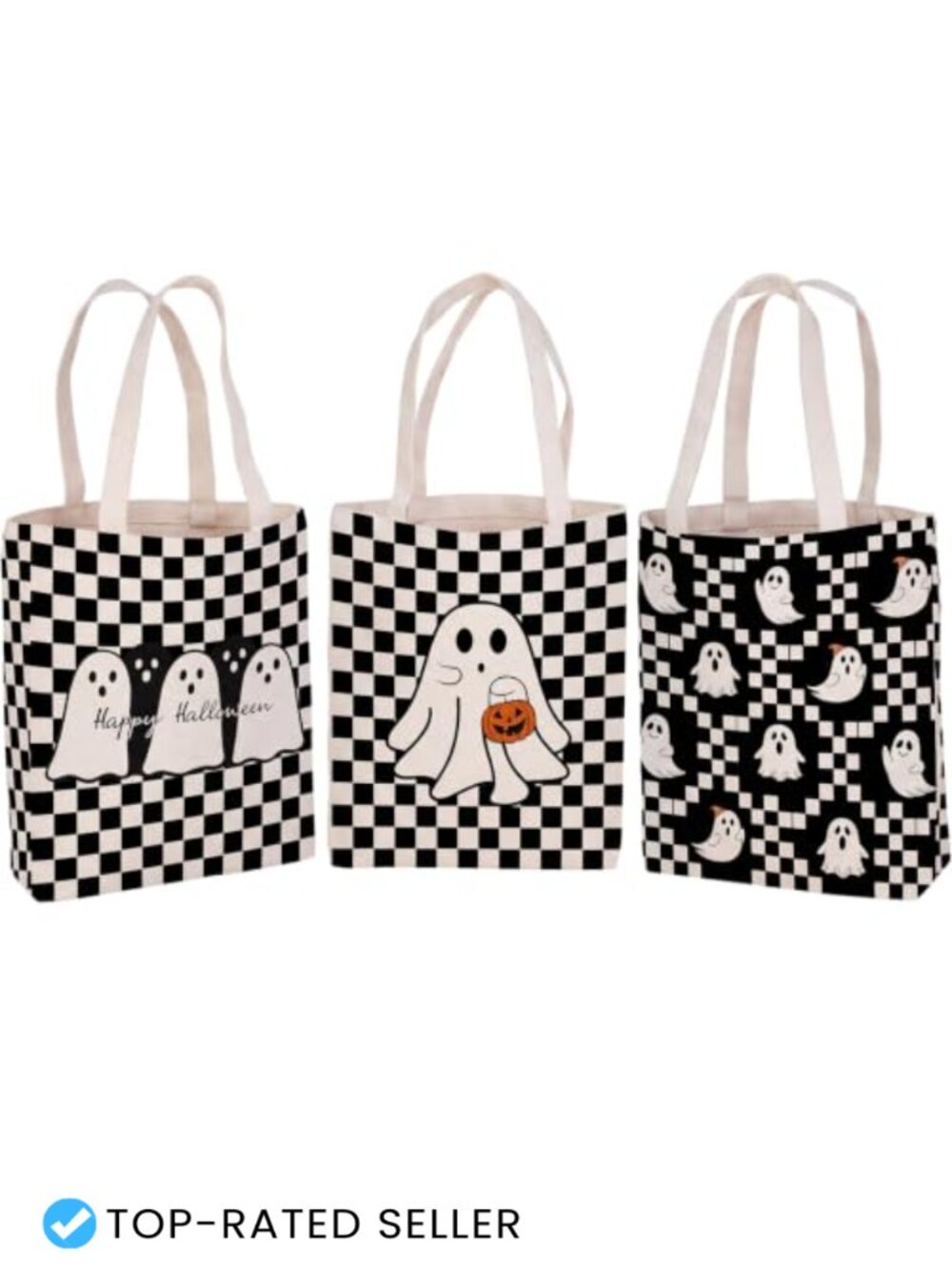 Set of 3 Halloween Checkerboard Ghost Tote Bags Canvas Trick or Treat Candy